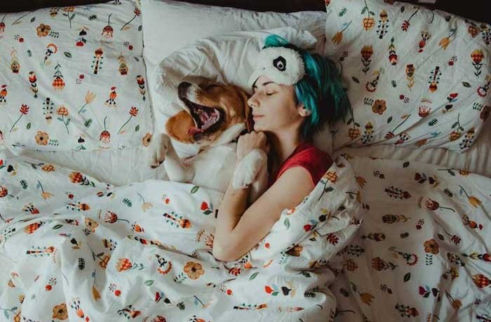 Köpeği ile uyan bir kadın